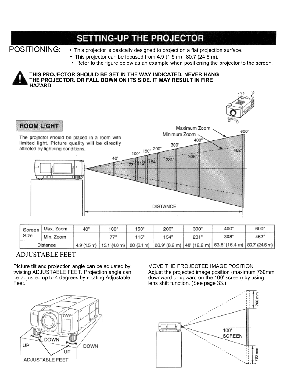 Setting-up the projector, Positioning, Adjustable feet | Eiki LC-SXIU User Manual | Page 7 / 59