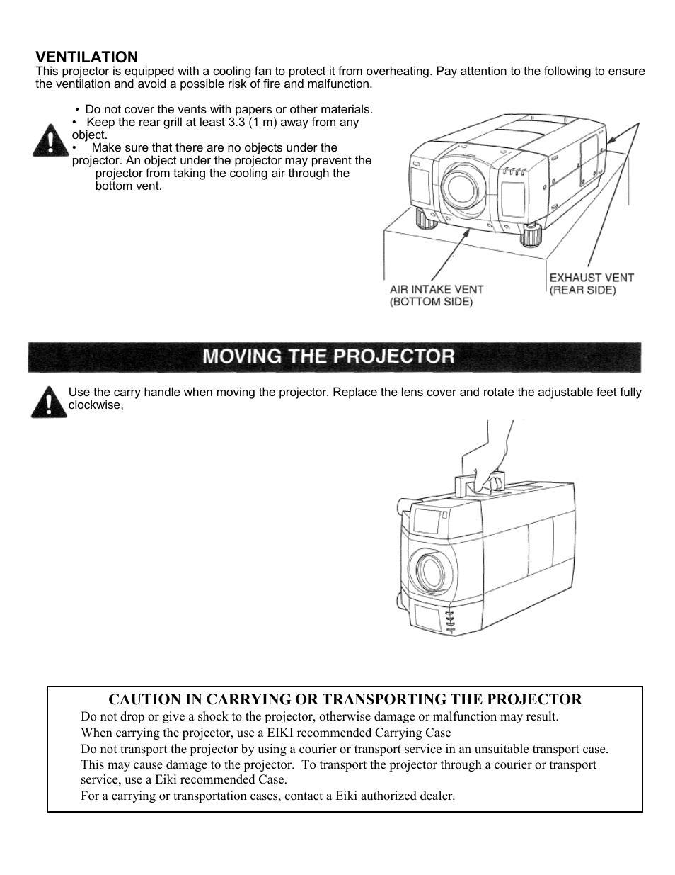 Moving the projector, Ventilation, Caution in carrying or transporting the projector | Eiki LC-SXIU User Manual | Page 8 / 59