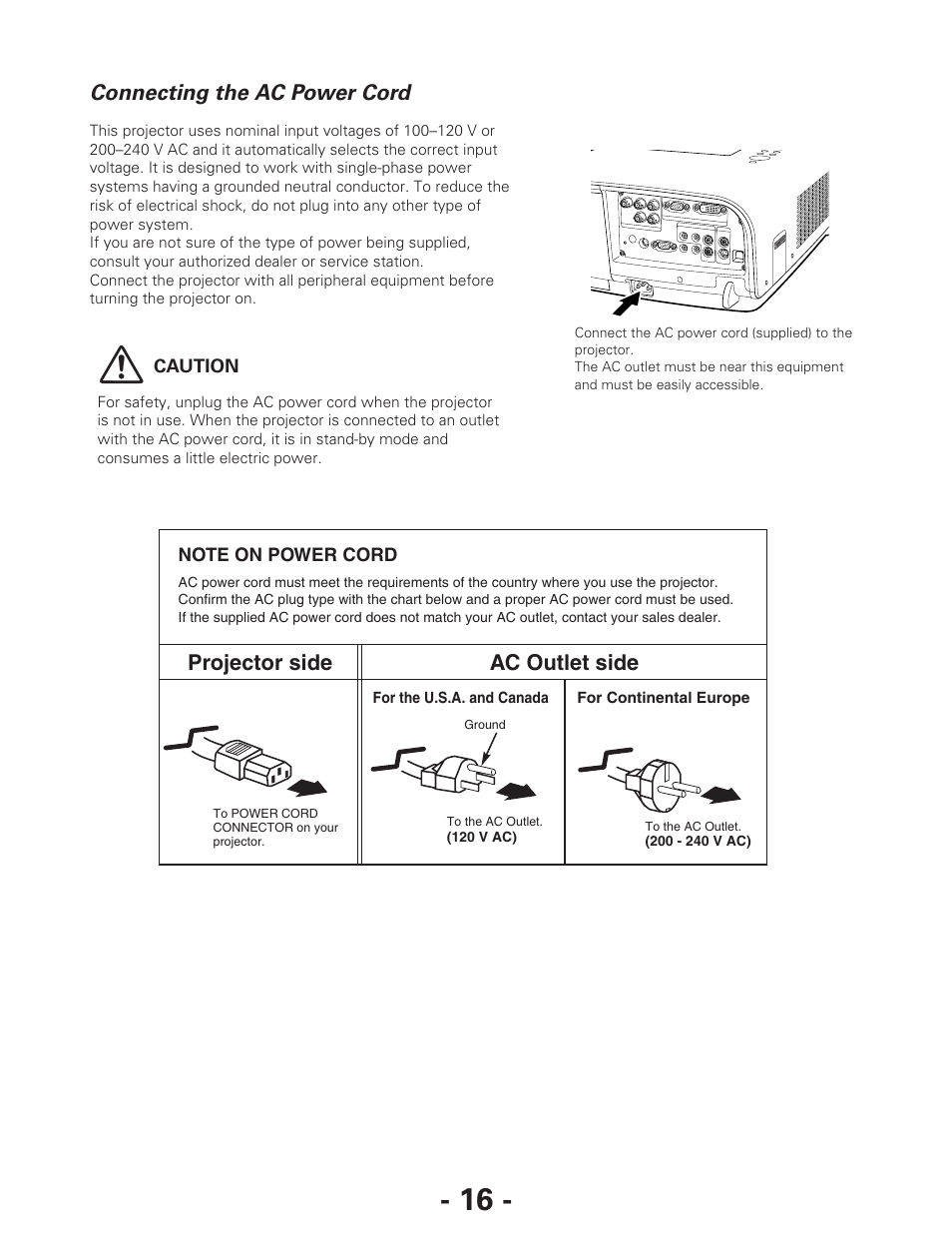 Connecting the ac power cord, Projector side ac outlet side | Eiki LC-XG250L User Manual | Page 16 / 22