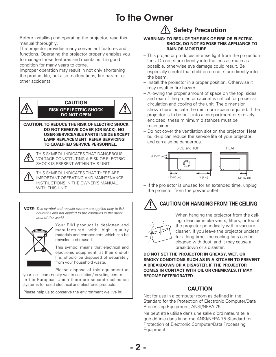 Safety precaution | Eiki LC-XG250L User Manual | Page 2 / 22