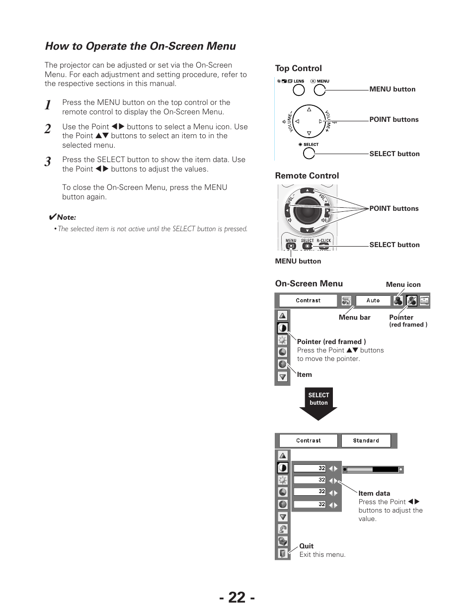 How to operate the on-screen menu | Eiki LC-XG250L User Manual | Page 22 / 22