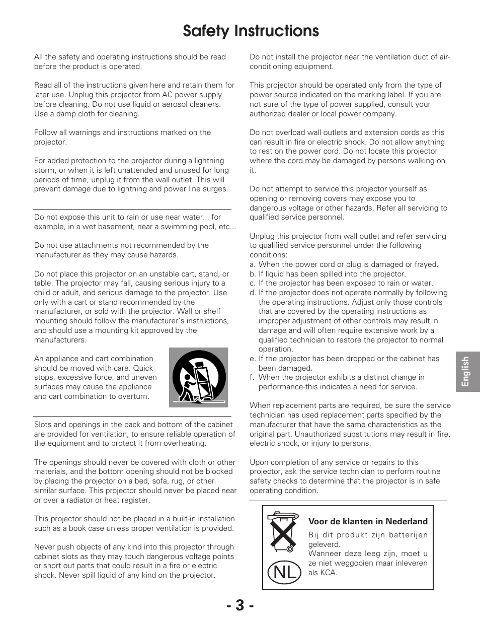 Safety instructions | Eiki LC-XG250L User Manual | Page 3 / 22