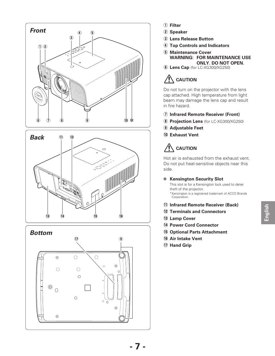 Bottom back, Front | Eiki LC-XG250L User Manual | Page 7 / 22