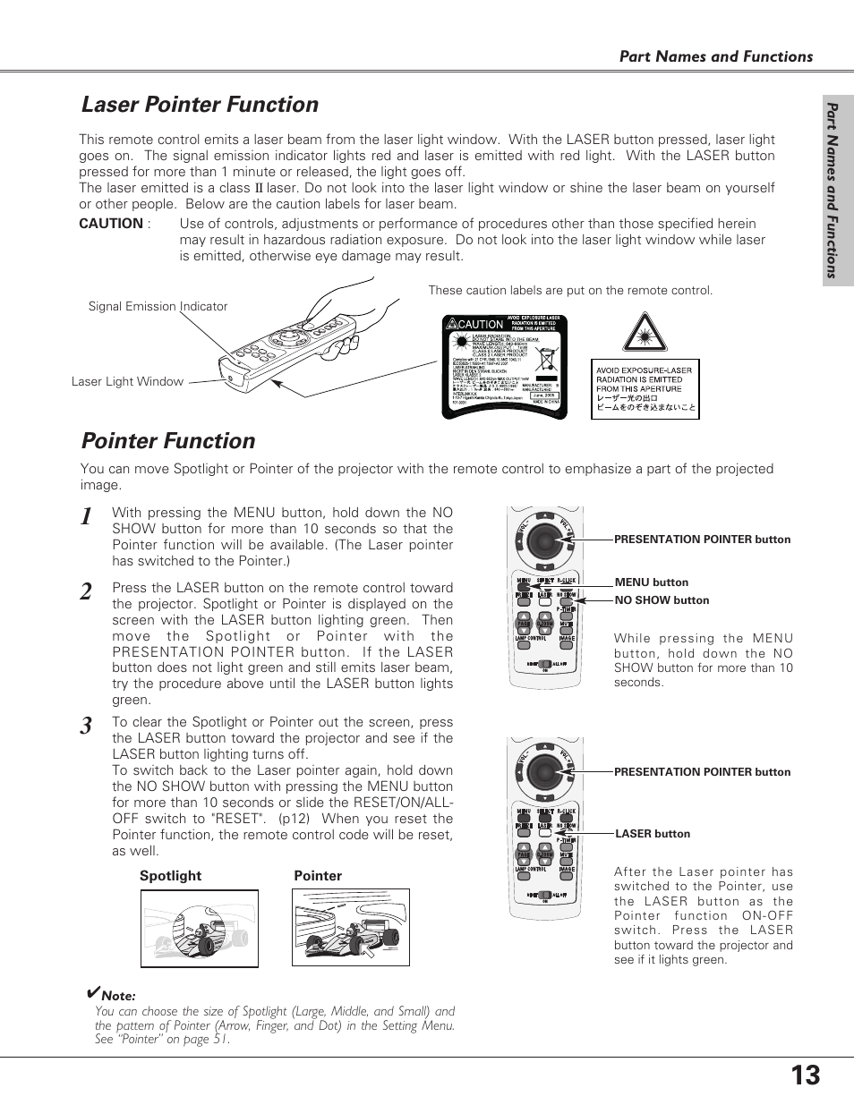 Laser pointer function, Pointer function | Eiki LC-XB27 User Manual | Page 13 / 72