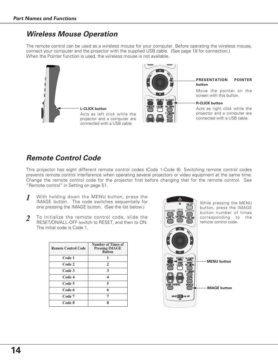 Wireless mouse operation, Remote control code | Eiki LC-XB27 User Manual | Page 14 / 72