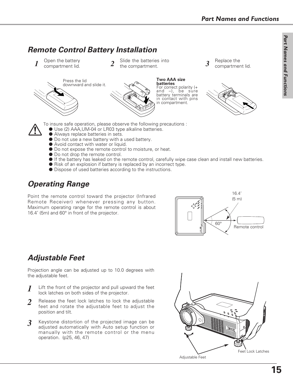 Remote control battery insta, Operating range, Adjustable feet | Remote control battery installation, Part names and functions | Eiki LC-XB27 User Manual | Page 15 / 72
