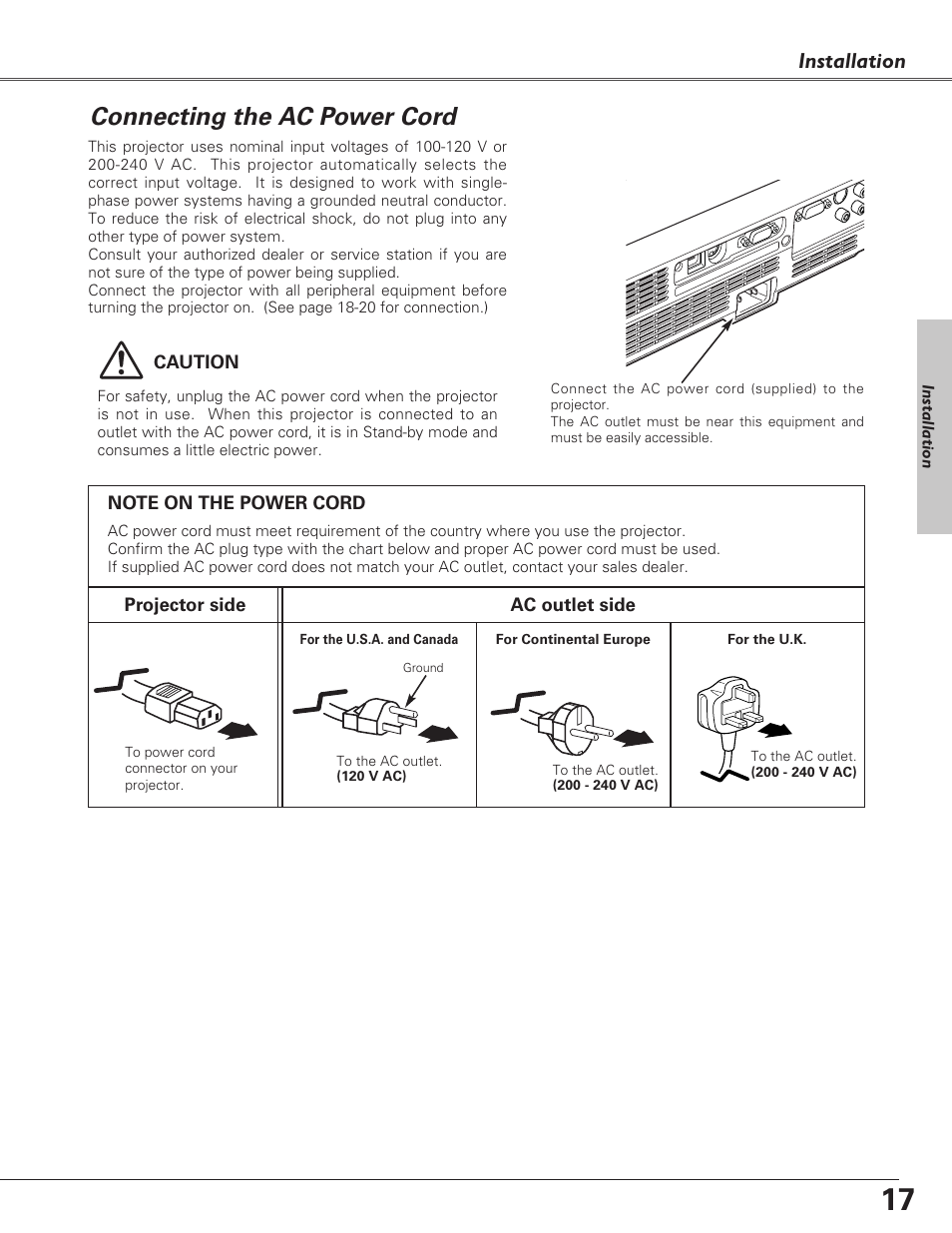 Connecting the ac power cord, Installation | Eiki LC-XB27 User Manual | Page 17 / 72
