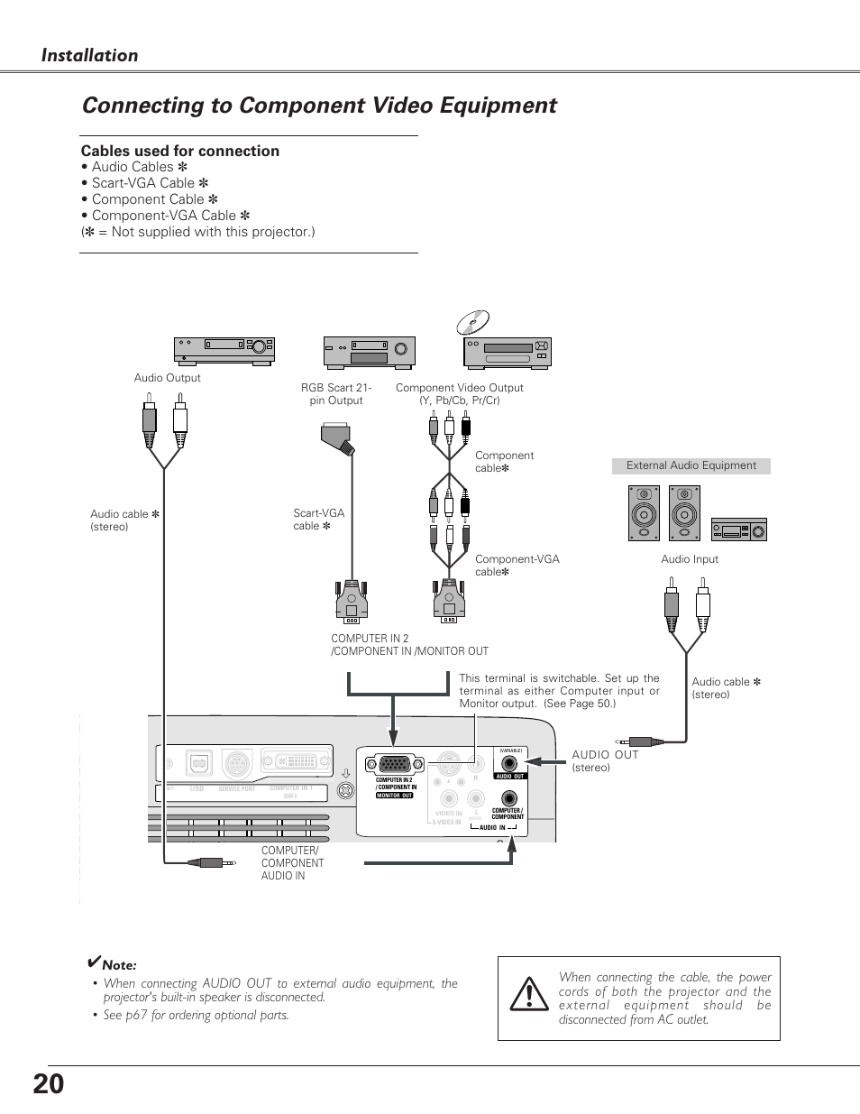 Connecting to component vide, Connecting to component video equipment, Installation | Cables used for connection | Eiki LC-XB27 User Manual | Page 20 / 72