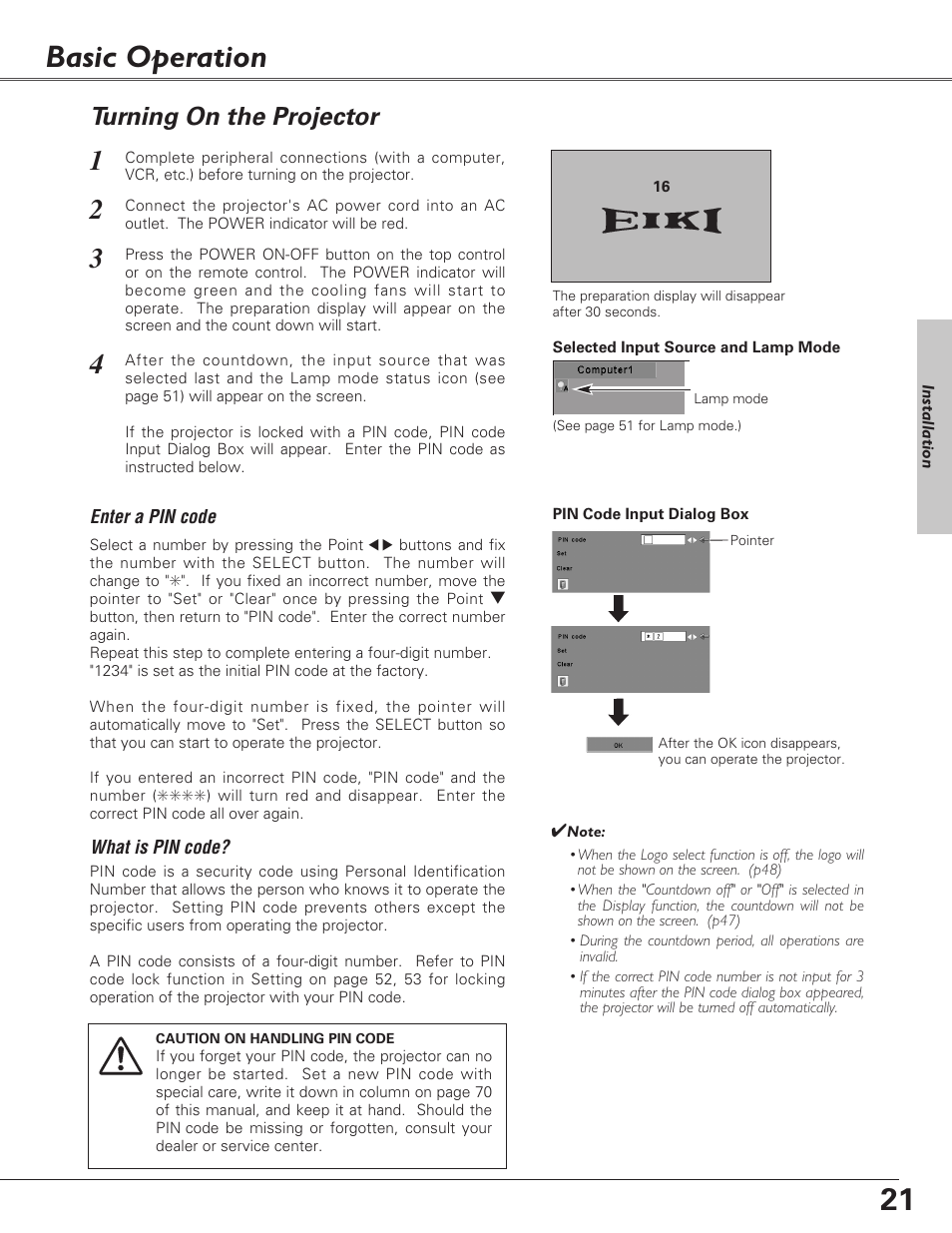 Basic operation, Turning on the projector | Eiki LC-XB27 User Manual | Page 21 / 72