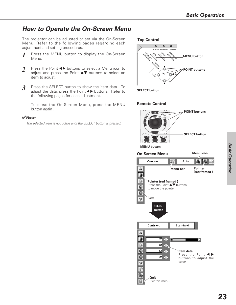 How to operate the on-screen, How to operate the on-screen menu, Basic operation | Basic oper ation | Eiki LC-XB27 User Manual | Page 23 / 72