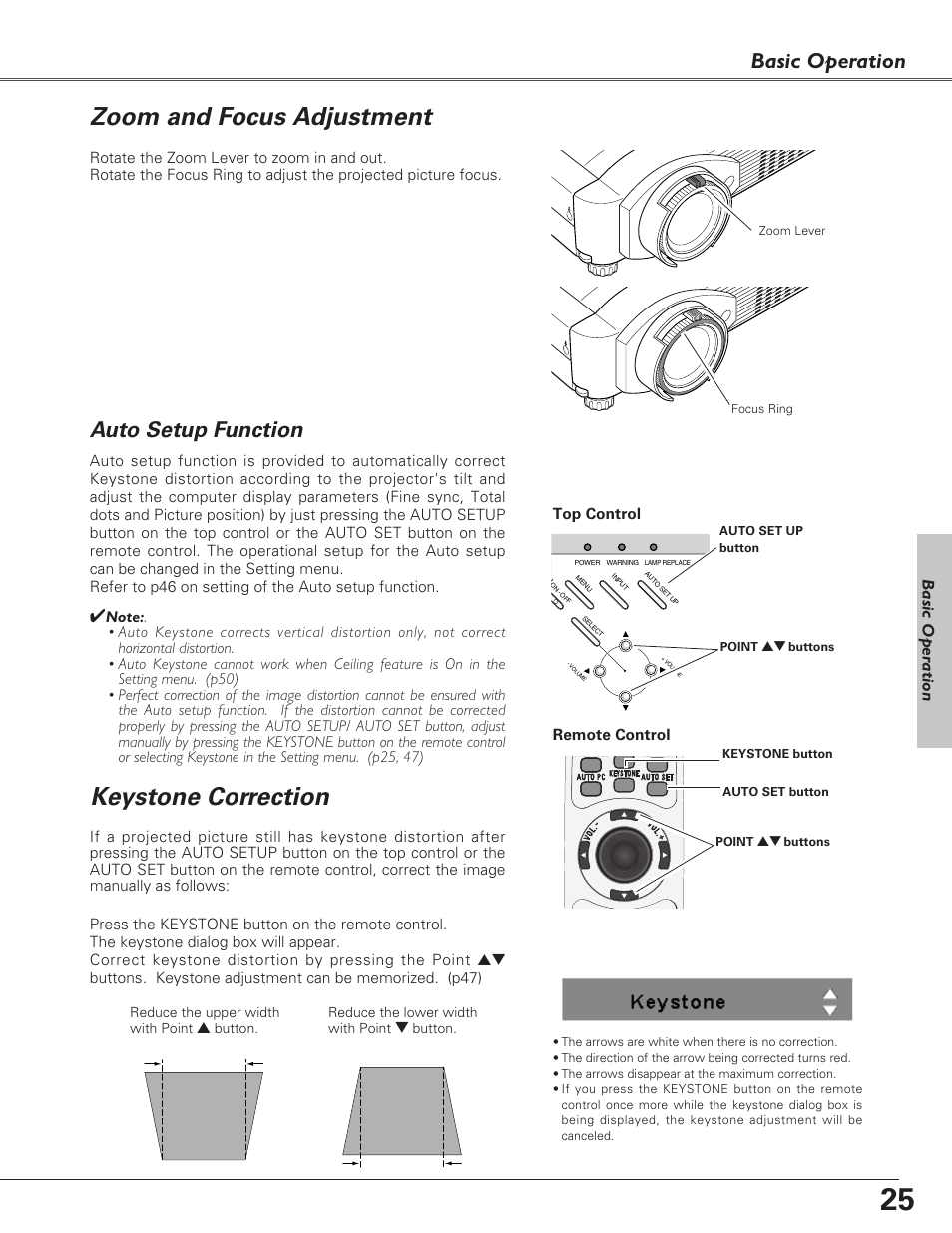 Zoom and focus adjustment, Auto setup function, Keystone correction | Keystone correction zoom and focus adjustment, Basic operation, Basic oper ation | Eiki LC-XB27 User Manual | Page 25 / 72