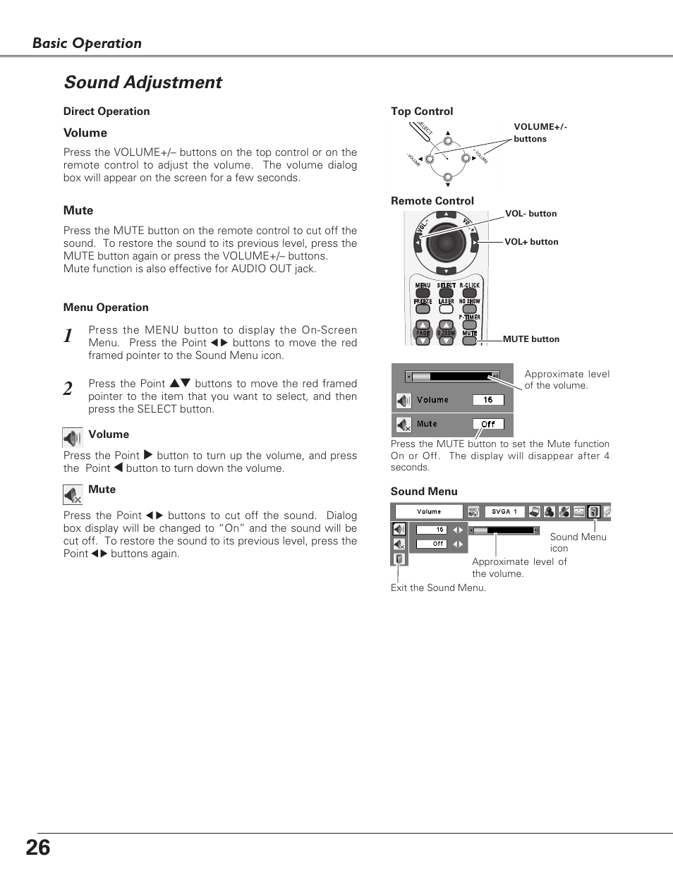 Sound adjustment, Basic operation | Eiki LC-XB27 User Manual | Page 26 / 72