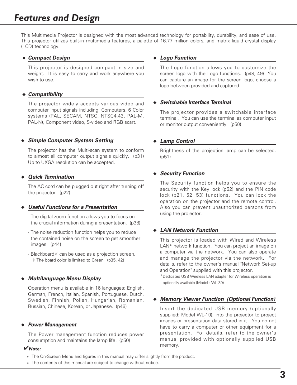 Features and design, 3features and design | Eiki LC-XB27 User Manual | Page 3 / 72
