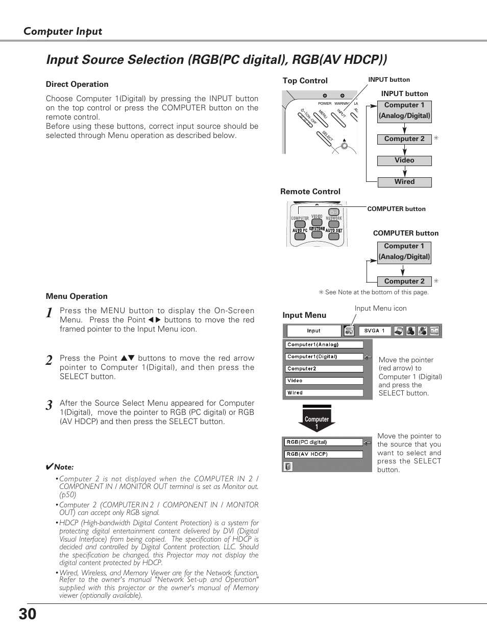 Input source selection (r, Input source selection, Computer input | Eiki LC-XB27 User Manual | Page 30 / 72