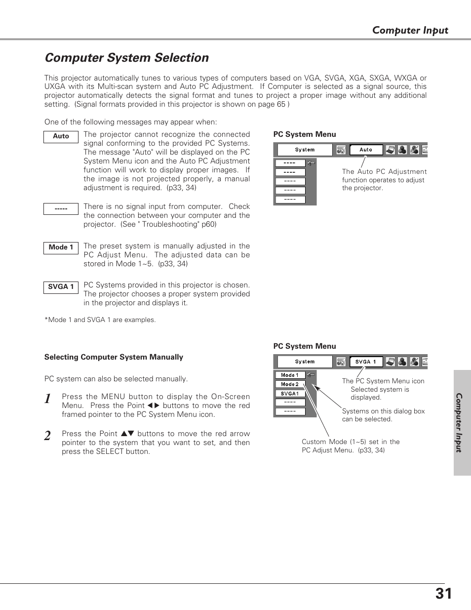Computer system selection, Computer input | Eiki LC-XB27 User Manual | Page 31 / 72