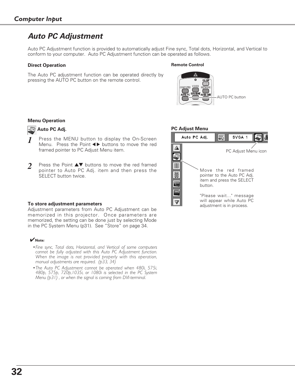 Auto pc adjustment, Computer input | Eiki LC-XB27 User Manual | Page 32 / 72