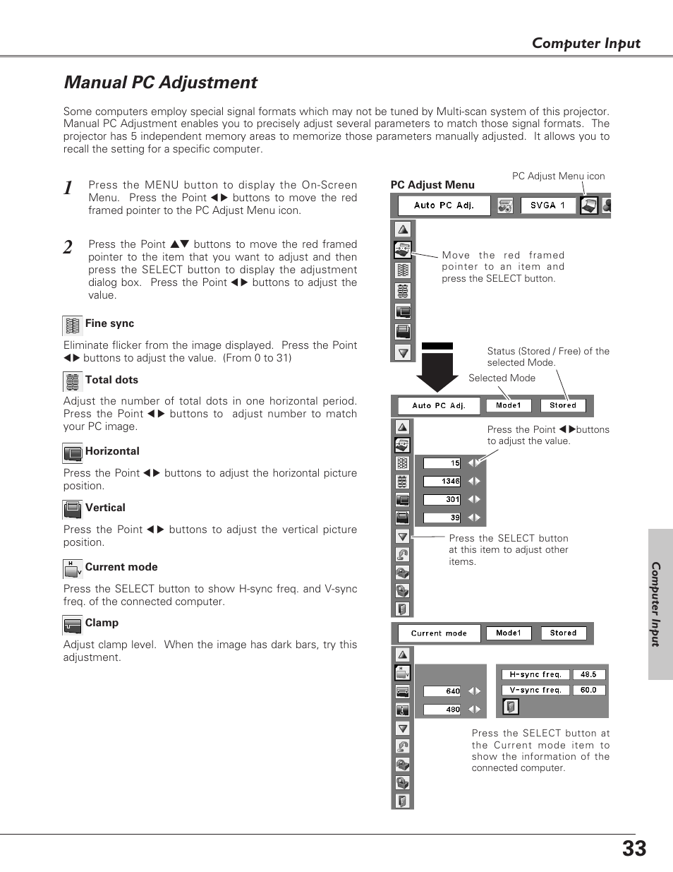 Manual pc adjustment, Computer input | Eiki LC-XB27 User Manual | Page 33 / 72