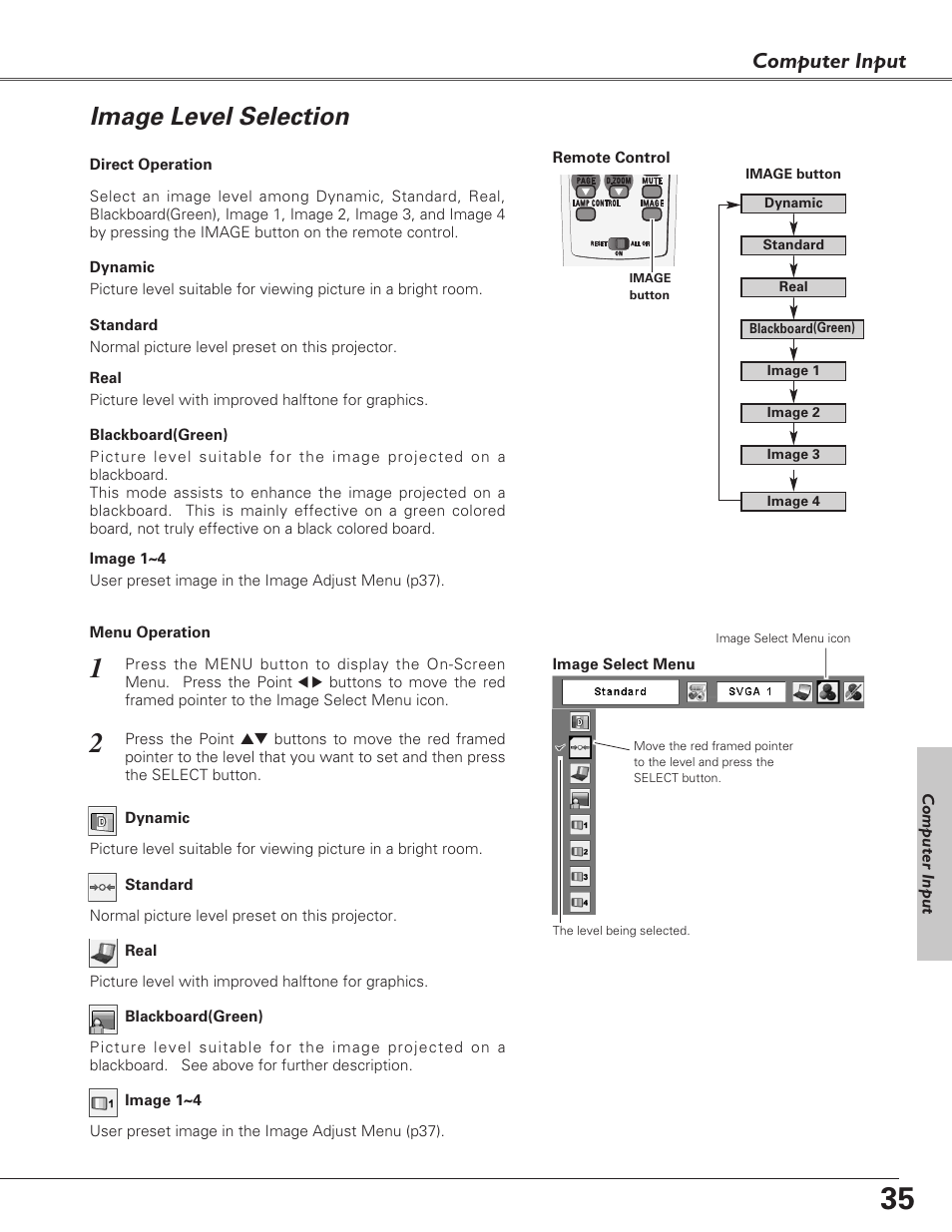 Image level selection, Computer input | Eiki LC-XB27 User Manual | Page 35 / 72