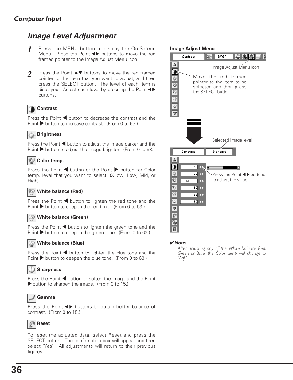 Image level adjustment, Computer input | Eiki LC-XB27 User Manual | Page 36 / 72