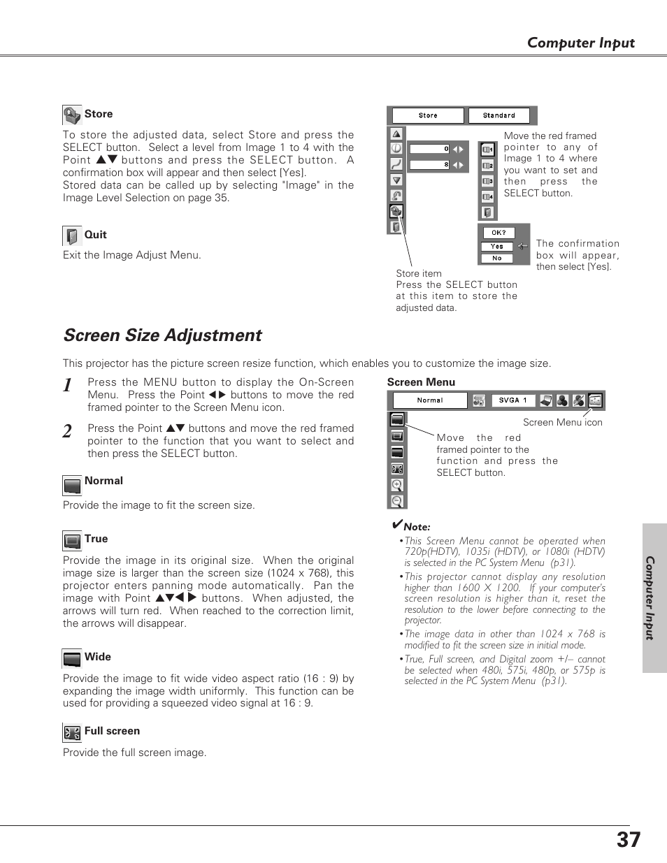 Screen size adjustment, Computer input | Eiki LC-XB27 User Manual | Page 37 / 72