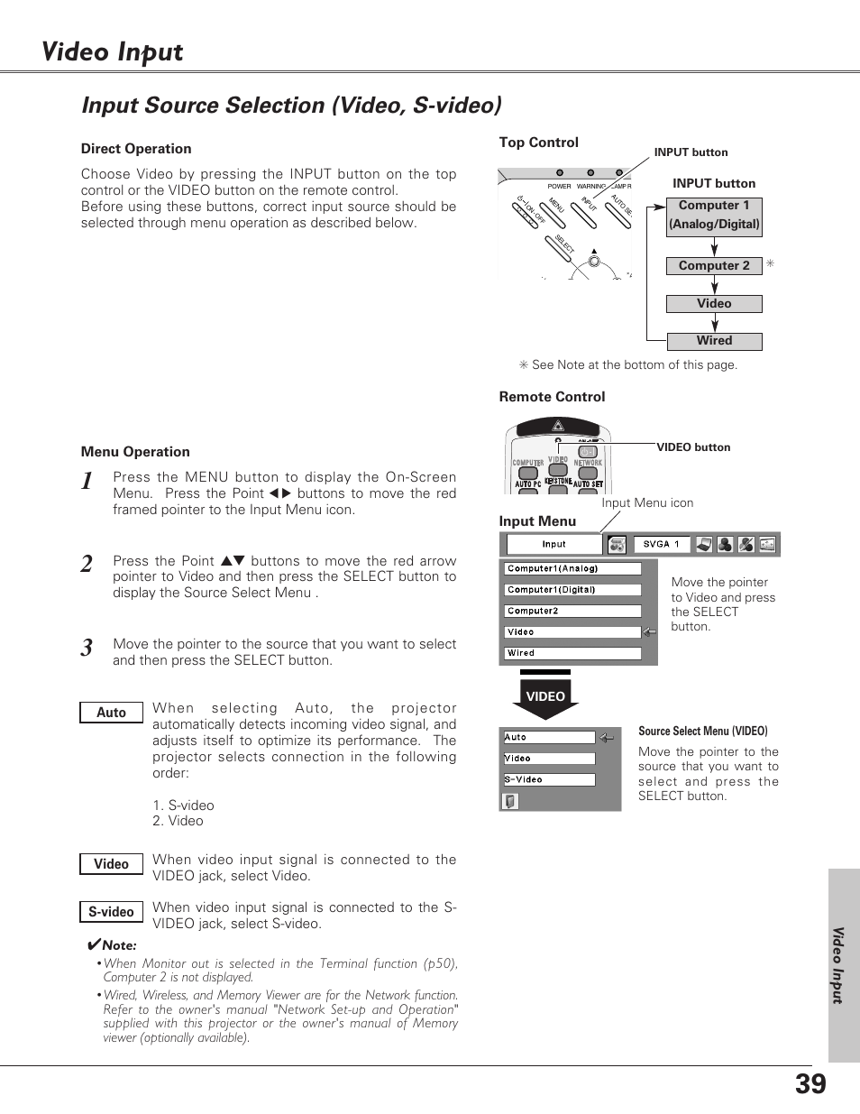 Video input, Input source selection (vide, Input source selection (video, s-video) | Eiki LC-XB27 User Manual | Page 39 / 72