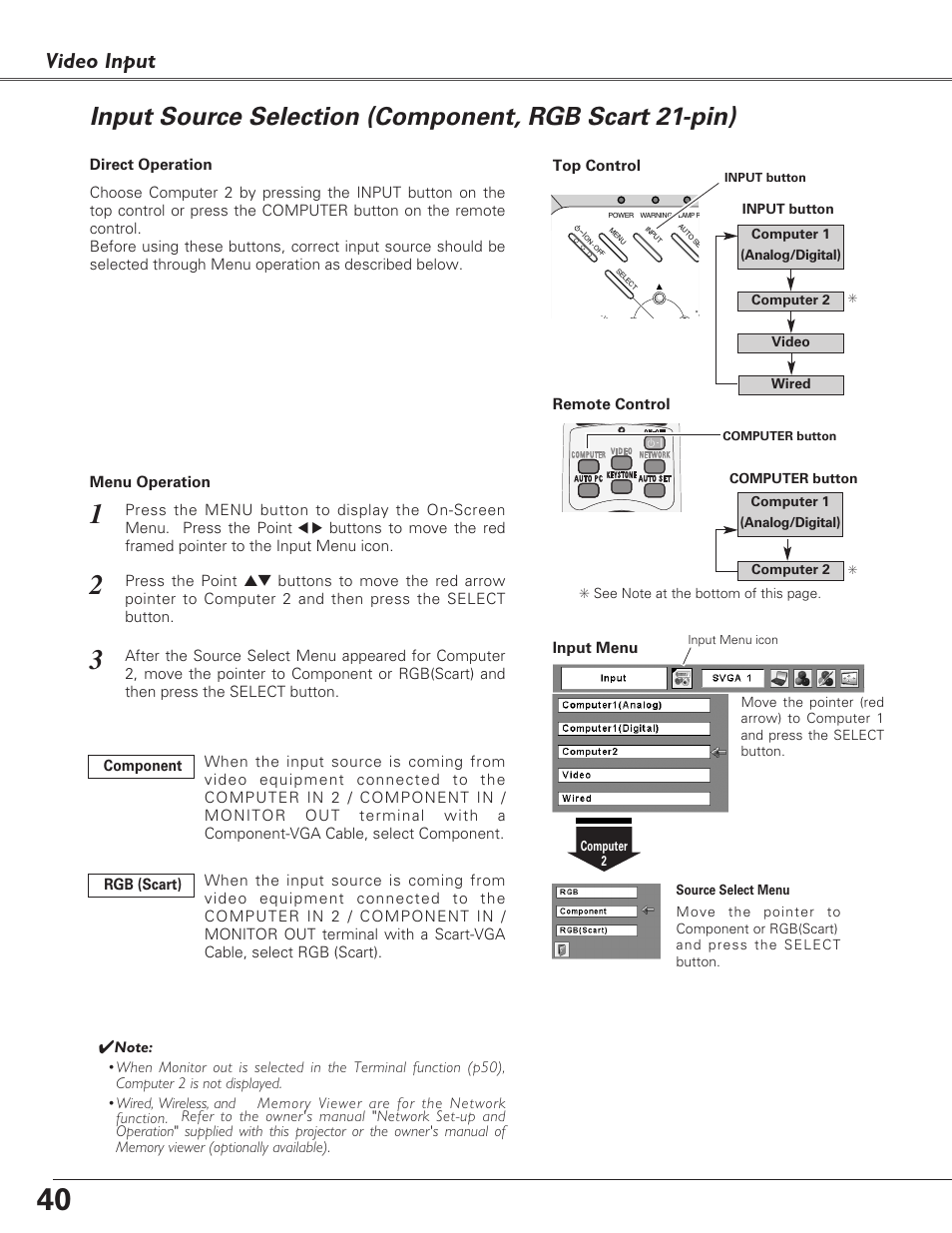 Input source selection (c, Input source selection, Video input | Eiki LC-XB27 User Manual | Page 40 / 72