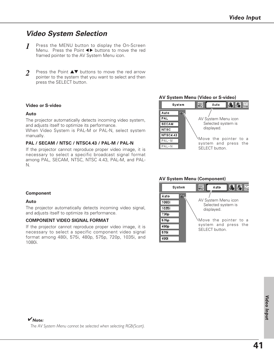 Video system selection, Video input | Eiki LC-XB27 User Manual | Page 41 / 72