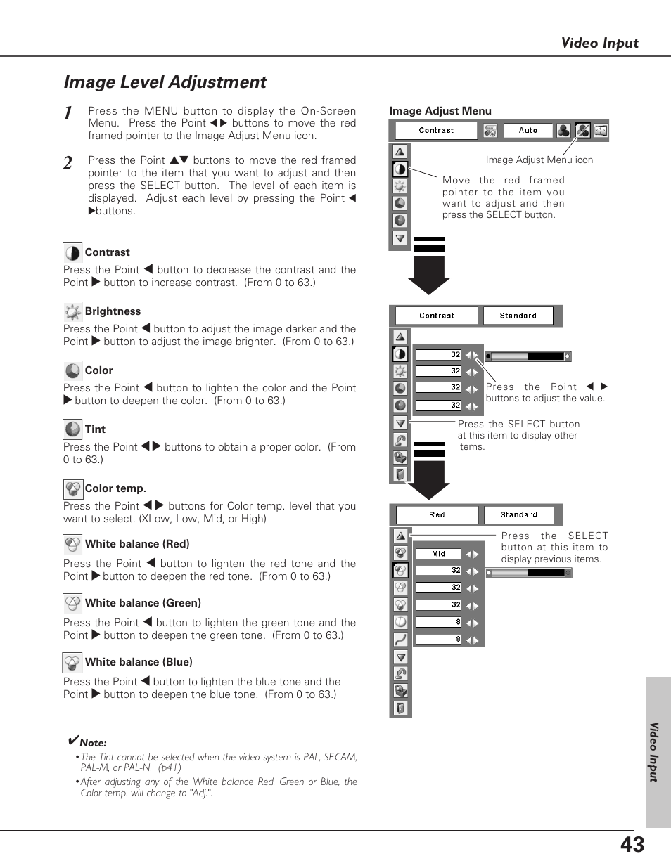Image level adjustment, Video input | Eiki LC-XB27 User Manual | Page 43 / 72