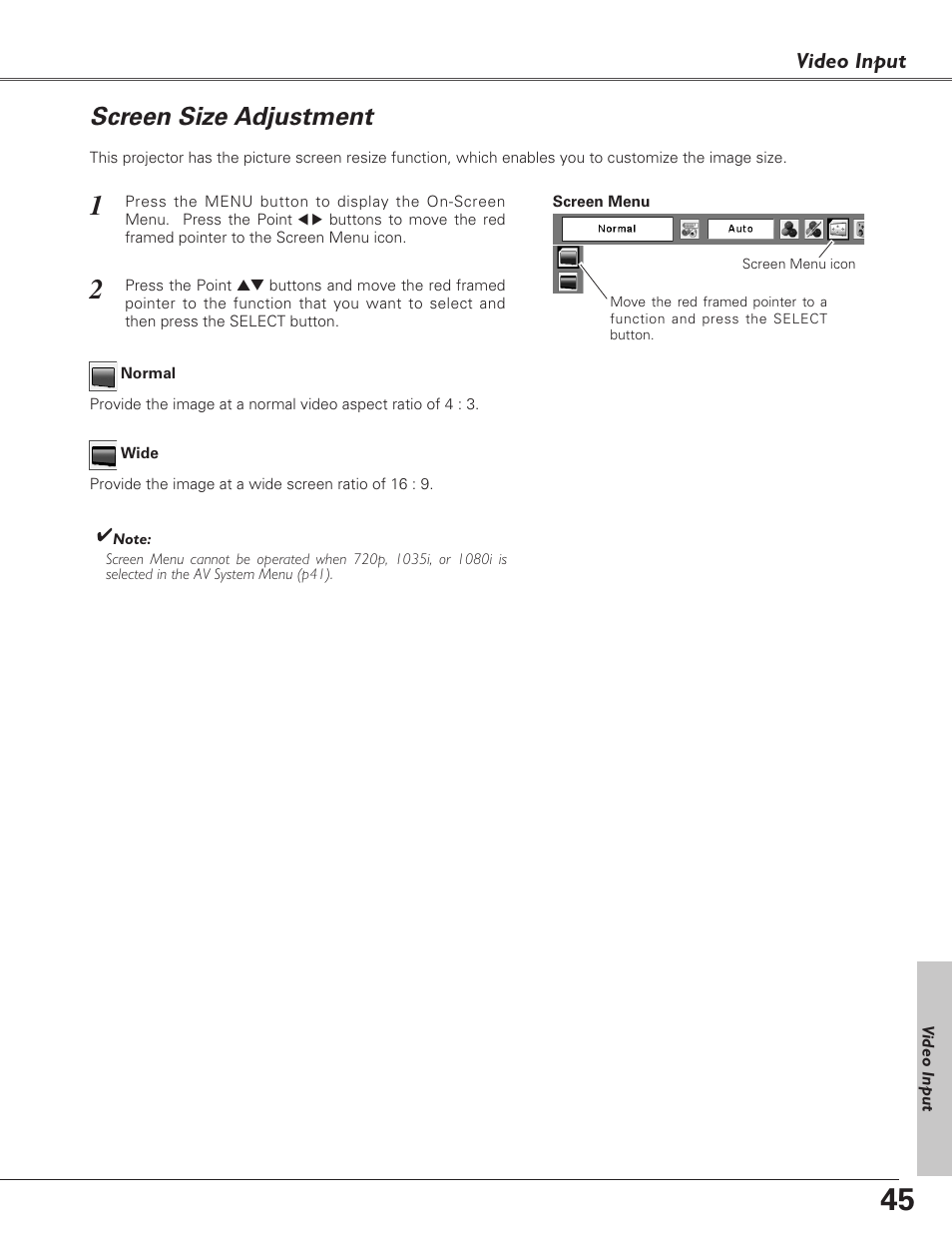Screen size adjustment, Video input | Eiki LC-XB27 User Manual | Page 45 / 72