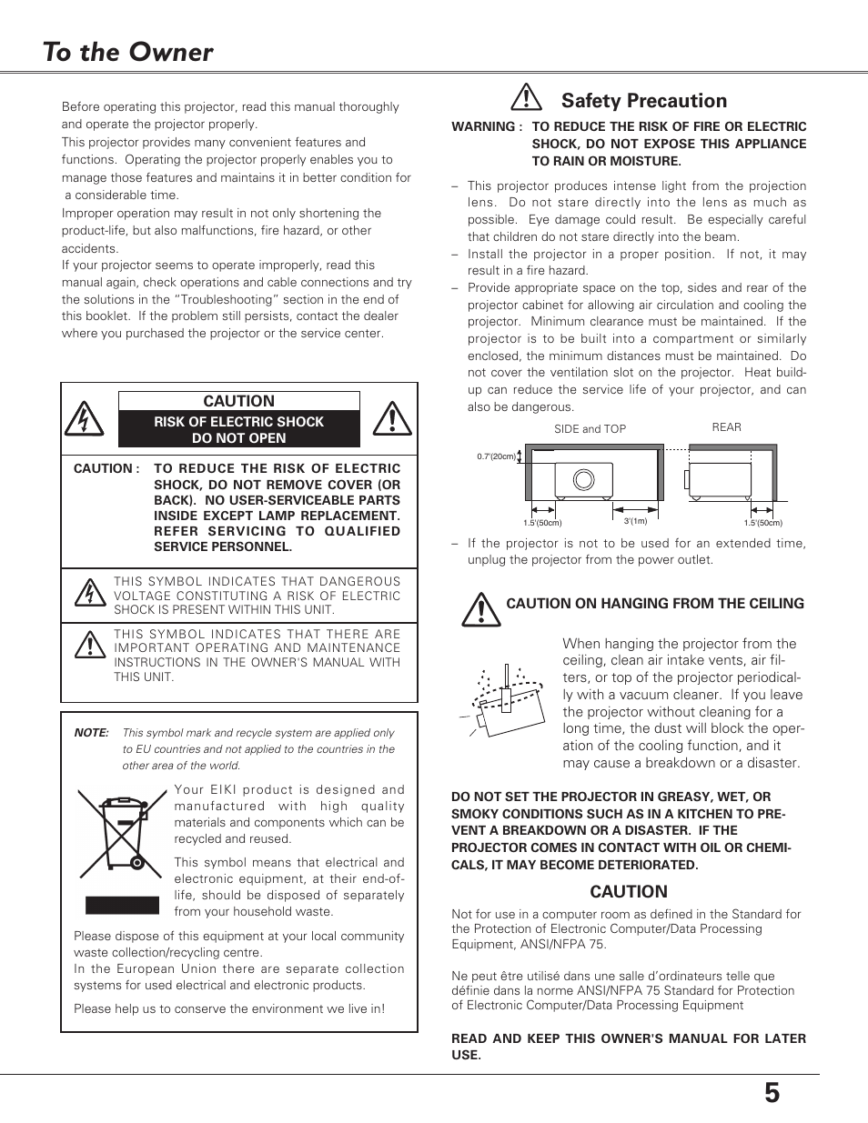 To the owner, 5to the owner, Safety precaution | Caution | Eiki LC-XB27 User Manual | Page 5 / 72