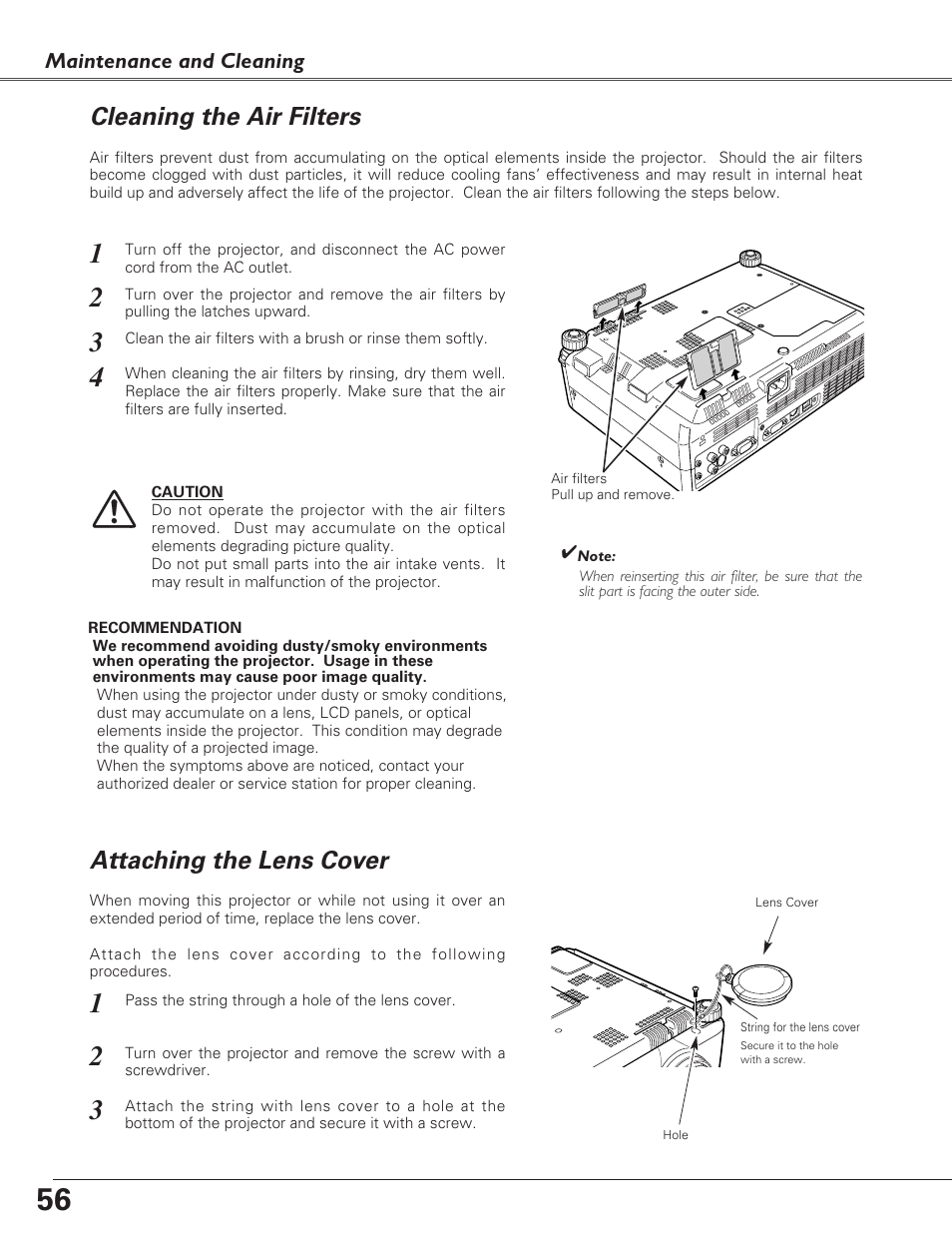Cleaning the air filters, Attaching the lens cover, Attaching the lens cover cleaning the air filters | Eiki LC-XB27 User Manual | Page 56 / 72