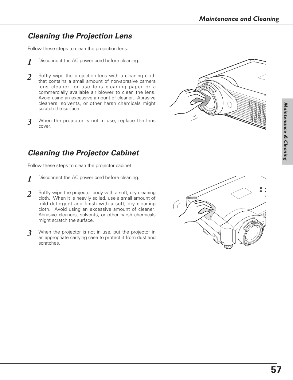 Cleaning the projection lens, Cleaning the projector cabinet | Eiki LC-XB27 User Manual | Page 57 / 72
