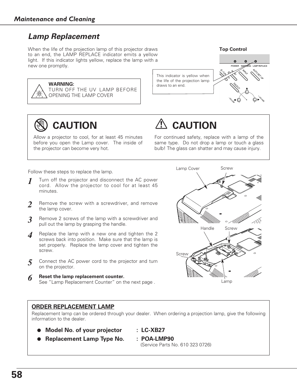Lamp replacement, Caution, Maintenance and cleaning | Eiki LC-XB27 User Manual | Page 58 / 72