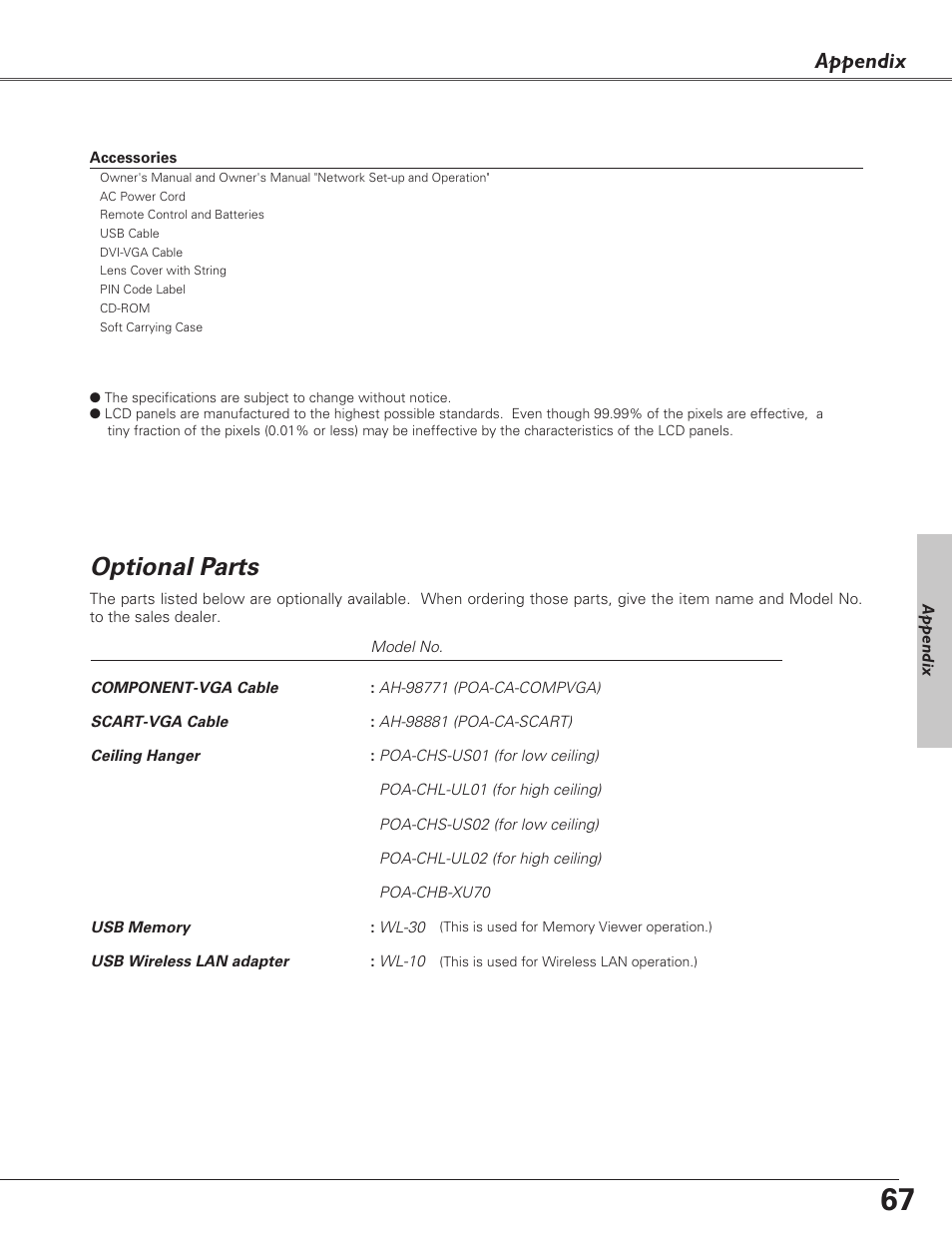 Optional parts, Appendix | Eiki LC-XB27 User Manual | Page 67 / 72