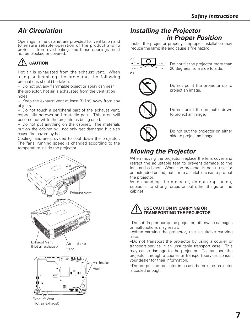 Air circulation, Installing the project, In proper position | Moving the projector, Installing the projector in proper position, Safety instructions | Eiki LC-XB27 User Manual | Page 7 / 72