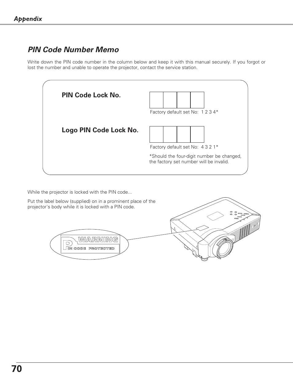 Pin code number memo | Eiki LC-XB27 User Manual | Page 70 / 72