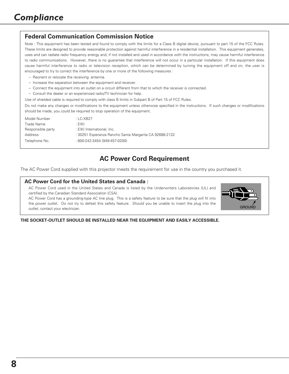 Compliance, 8compliance, Ac power cord requirement | Federal communication commission notice | Eiki LC-XB27 User Manual | Page 8 / 72