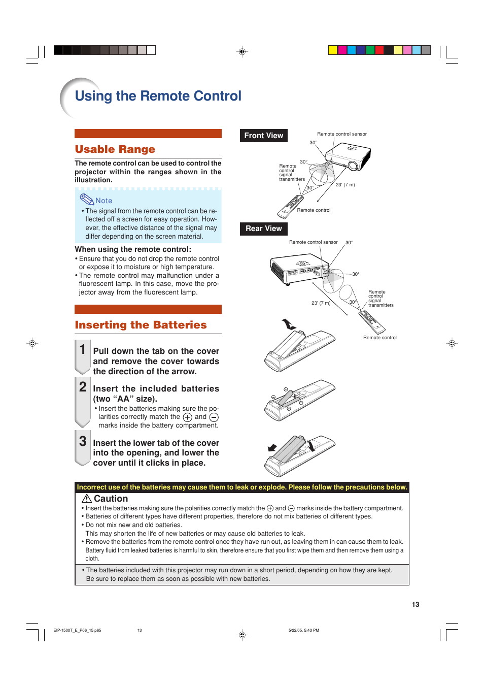 Using the remote control, Inserting the batteries, Usable range | Caution | Eiki EIP-1500T User Manual | Page 16 / 71
