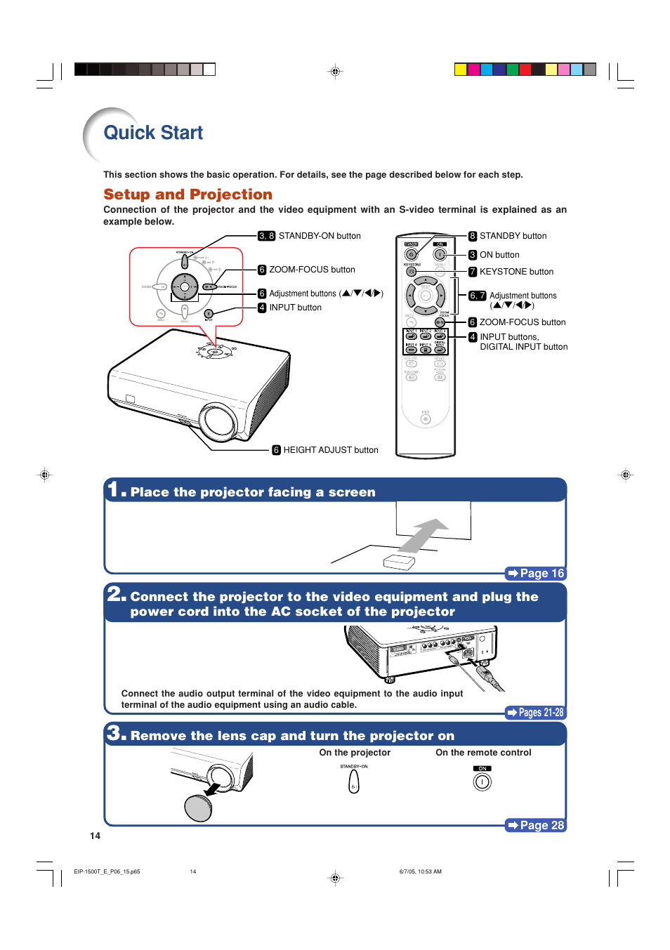 Quick start, Setup and projection, Place the projector facing a screen | Remove the lens cap and turn the projector on | Eiki EIP-1500T User Manual | Page 17 / 71