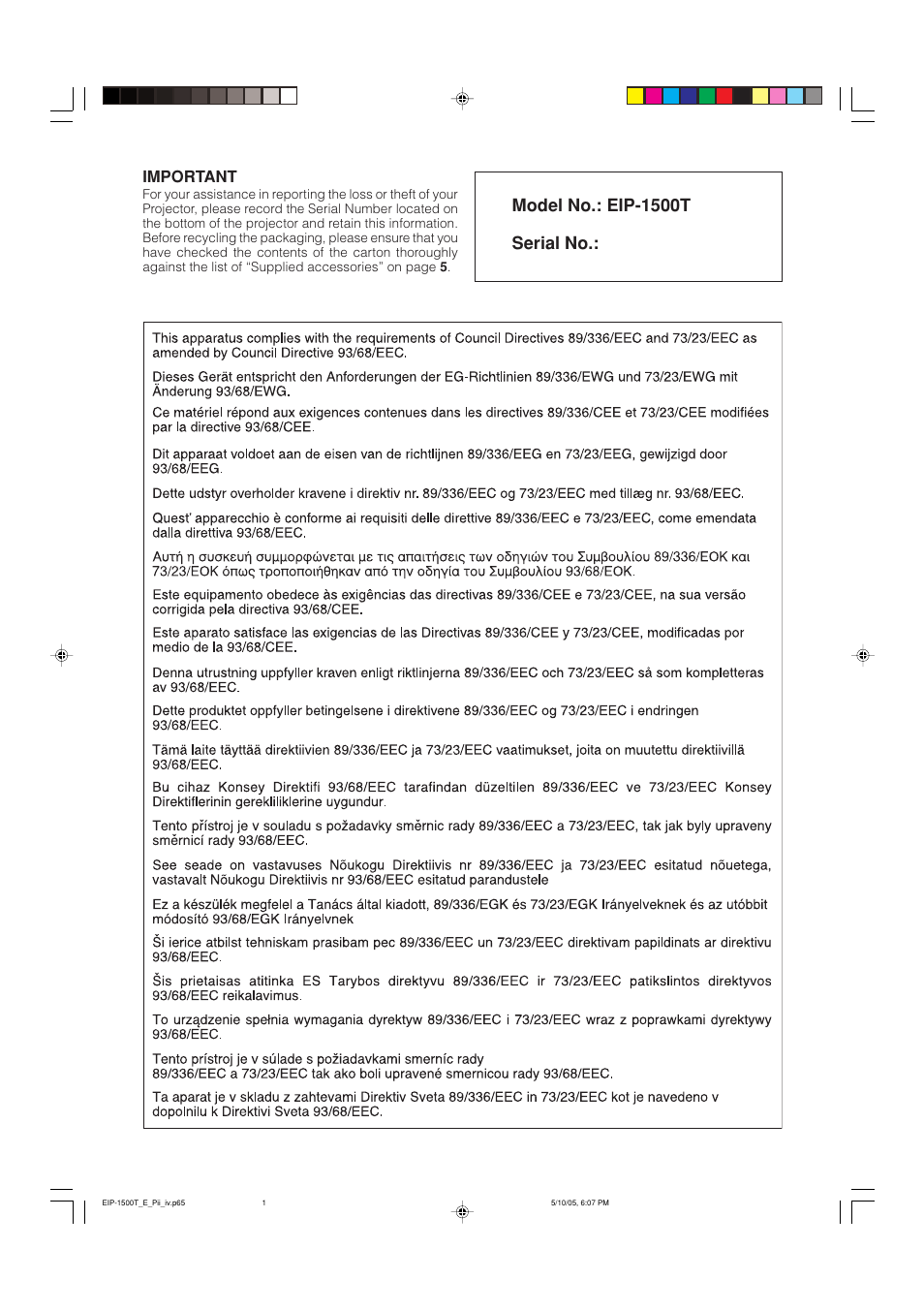 Model no.: eip-1500t serial no, Important | Eiki EIP-1500T User Manual | Page 2 / 71