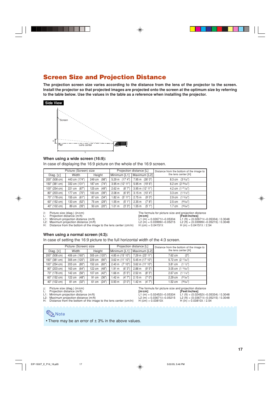 Screen size and projection distance, There may be an error of ± 3% in the above values | Eiki EIP-1500T User Manual | Page 20 / 71