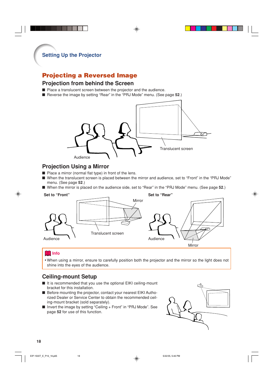 Projecting a reversed image, Projection from behind the screen, Projection using a mirror | Ceiling-mount setup, Setting up the projector | Eiki EIP-1500T User Manual | Page 21 / 71