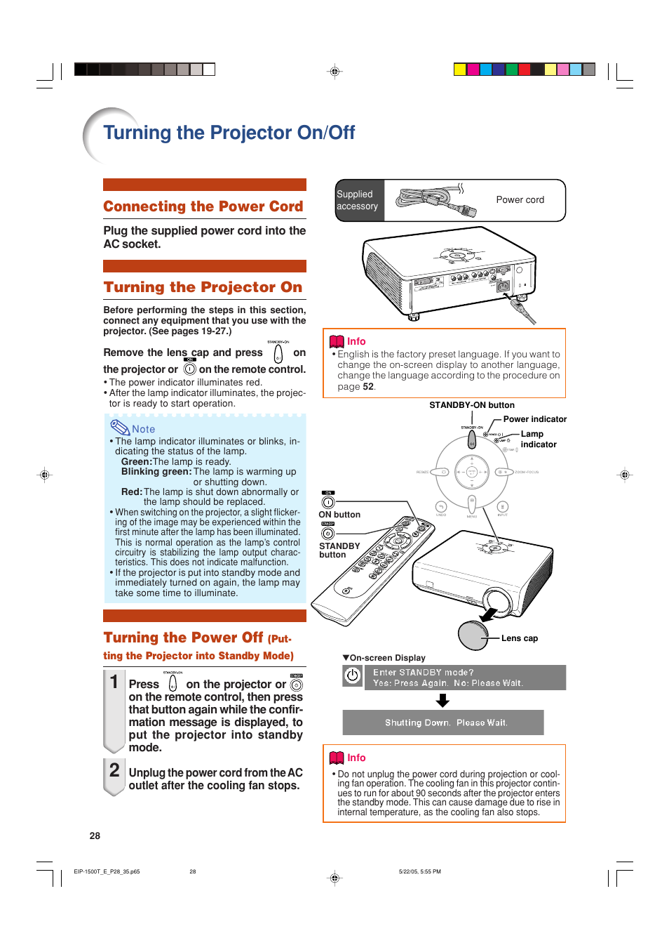 Turning the projector on/off, Connecting the power cord, Turning the projector on | Turning the power off | Eiki EIP-1500T User Manual | Page 31 / 71