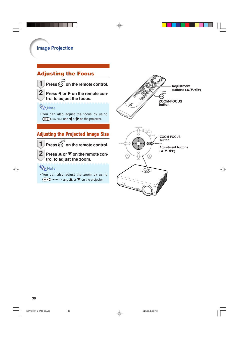 Adjusting the focus, Adjusting the projected image size | Eiki EIP-1500T User Manual | Page 33 / 71