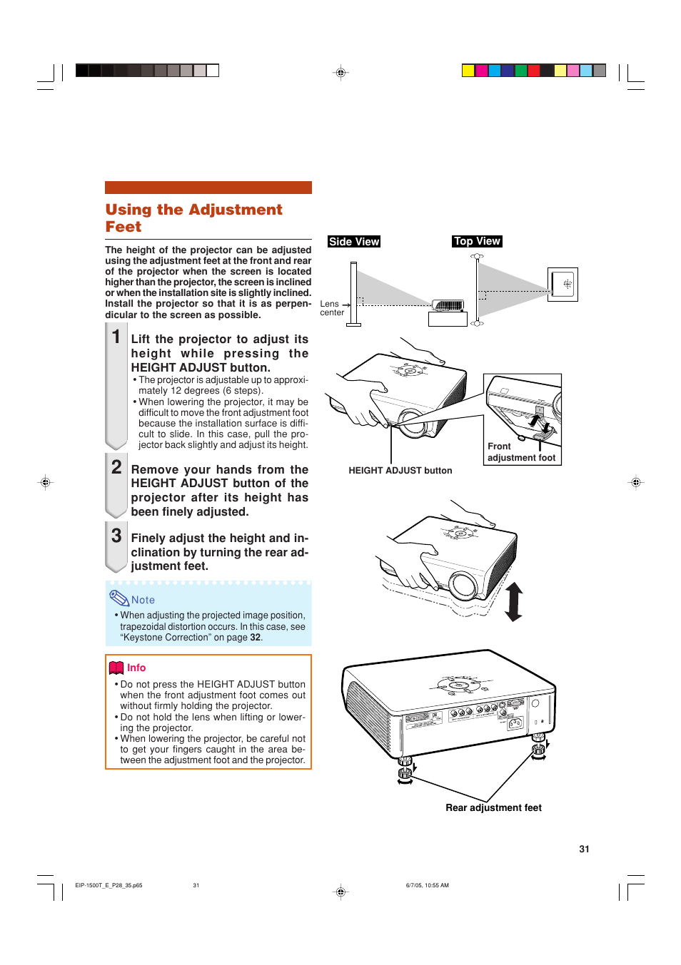 Using the adjustment feet | Eiki EIP-1500T User Manual | Page 34 / 71