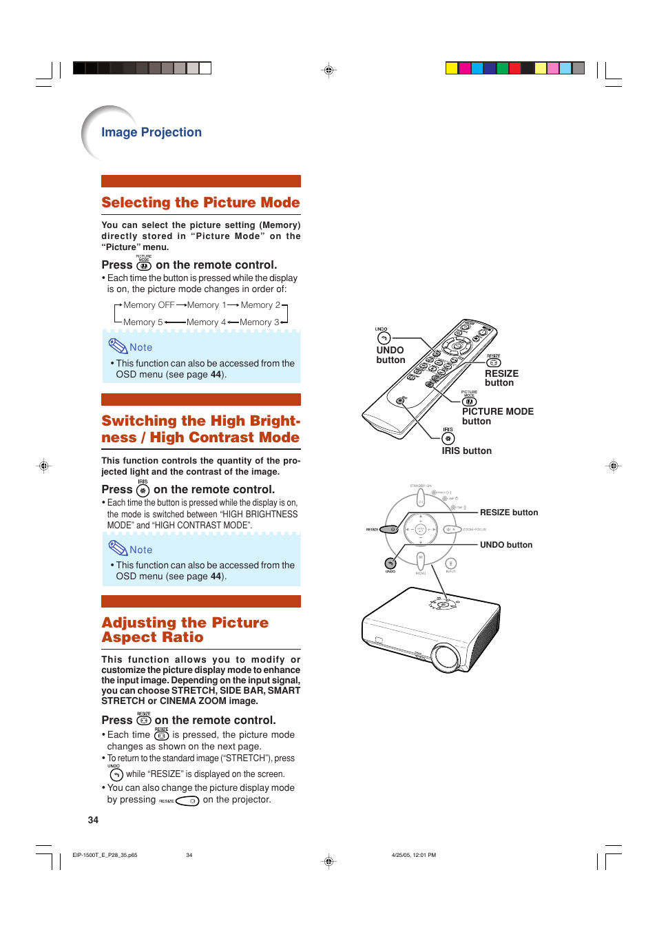 Selecting the picture mode, Adjusting the picture aspect ratio, Image projection | Eiki EIP-1500T User Manual | Page 37 / 71