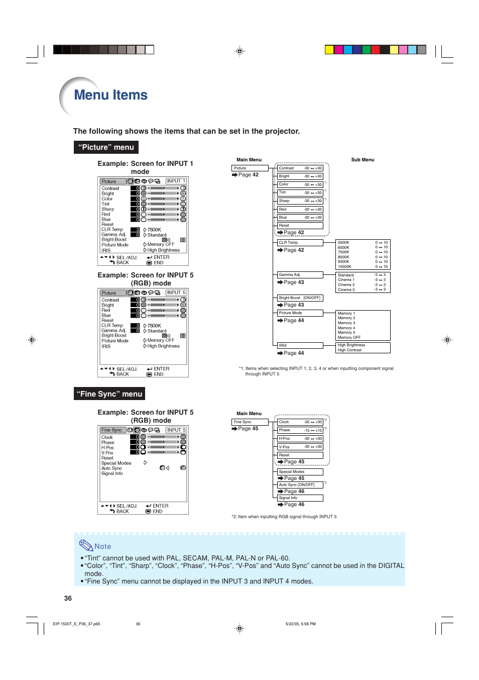 Menu items, Picture” menu “fine sync” menu, Example: screen for input 1 mode | Eiki EIP-1500T User Manual | Page 39 / 71