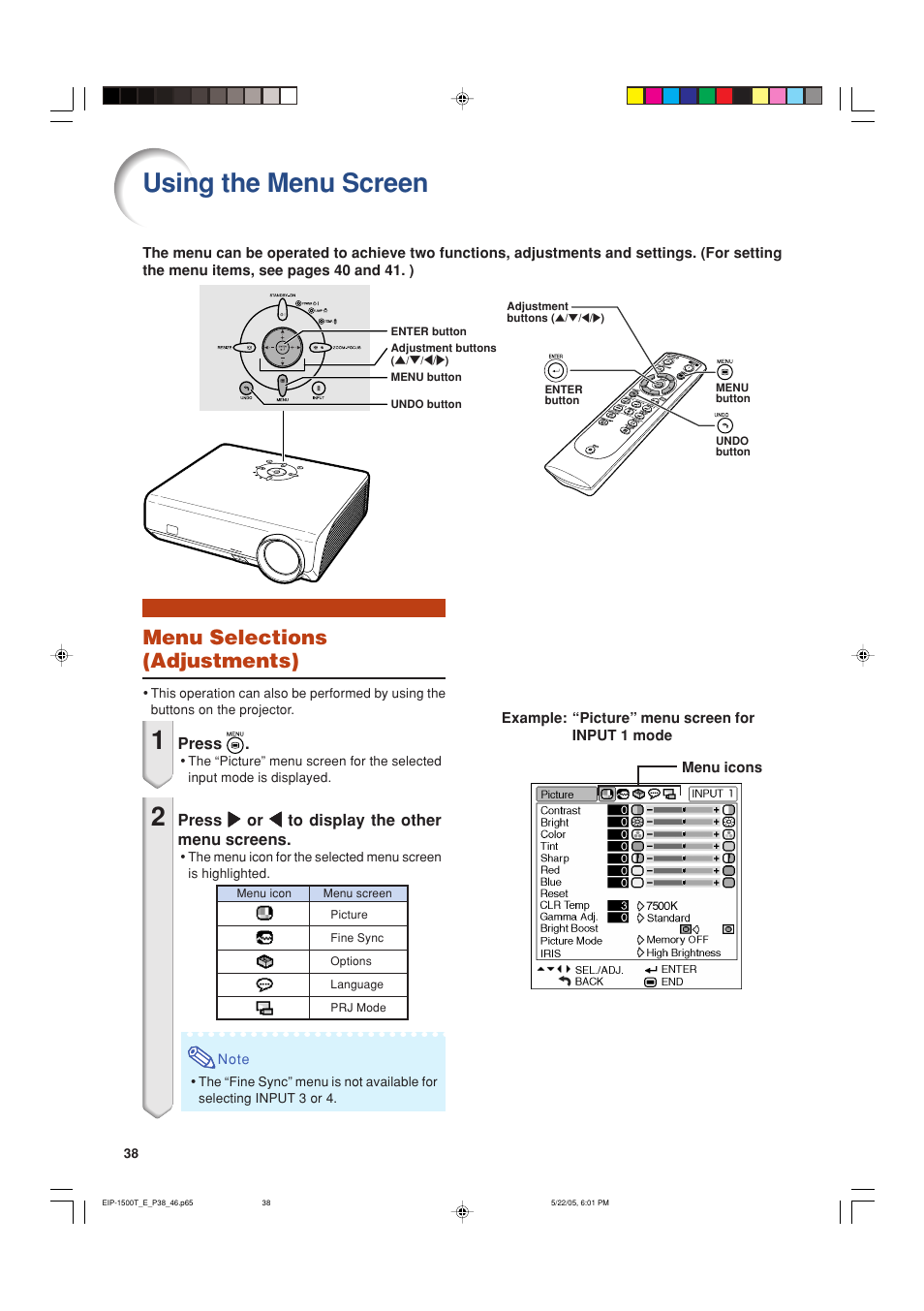 Using the menu screen, Menu selections (adjustments) | Eiki EIP-1500T User Manual | Page 41 / 71