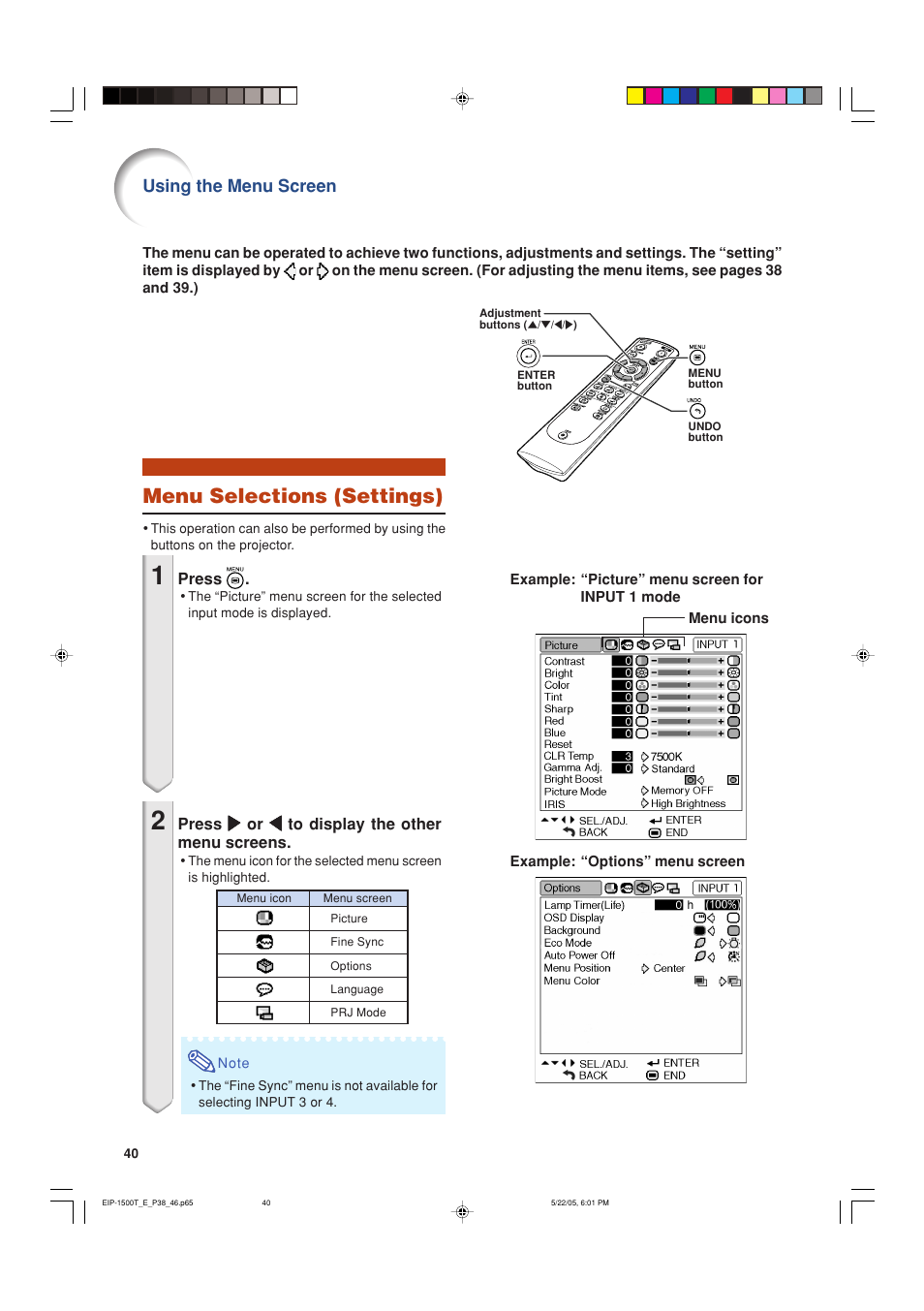 Menu selections (settings), Using the menu screen | Eiki EIP-1500T User Manual | Page 43 / 71