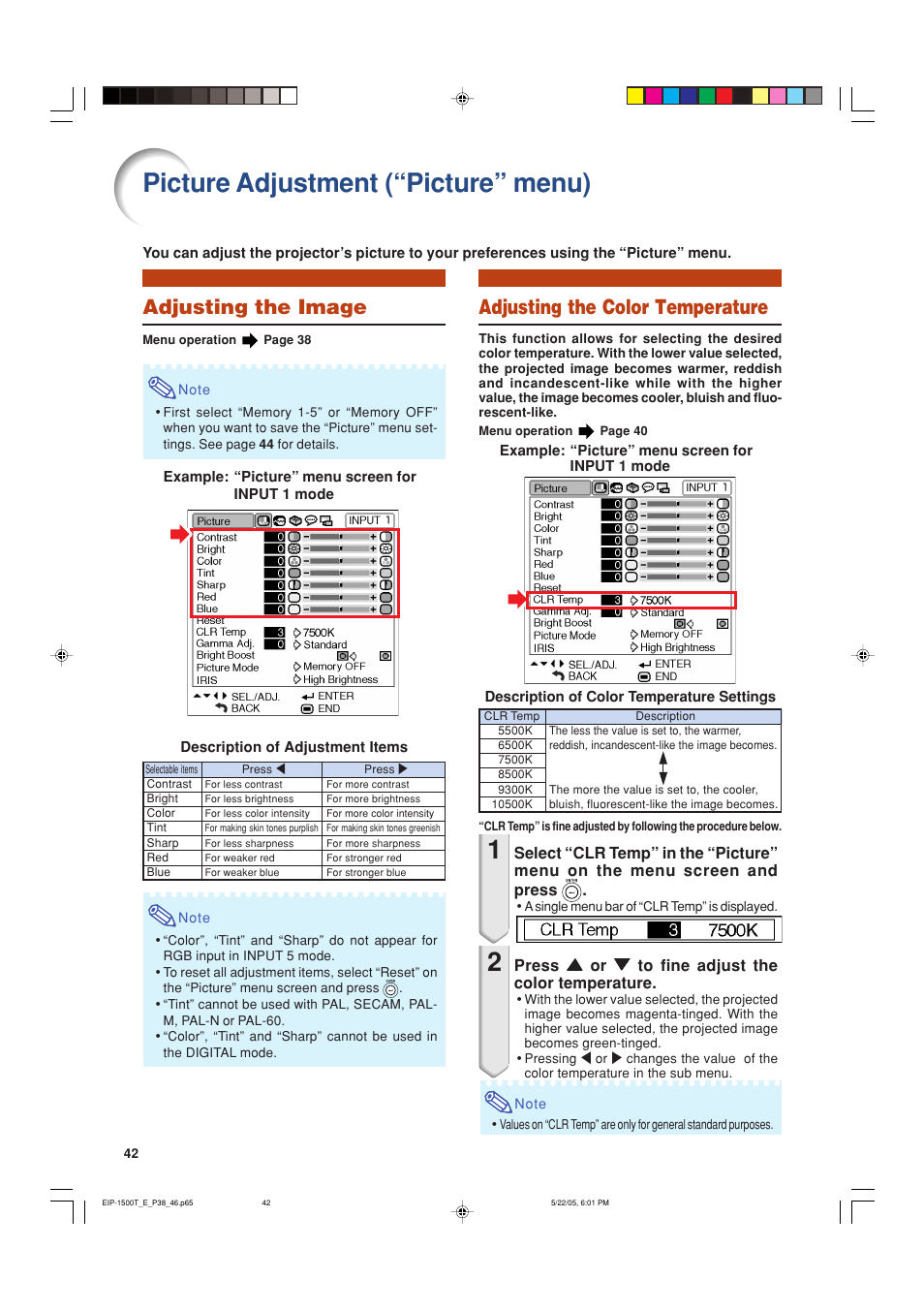 Picture adjustment (“picture” menu), Adjusting the image, Adjusting the color temperature | Eiki EIP-1500T User Manual | Page 45 / 71